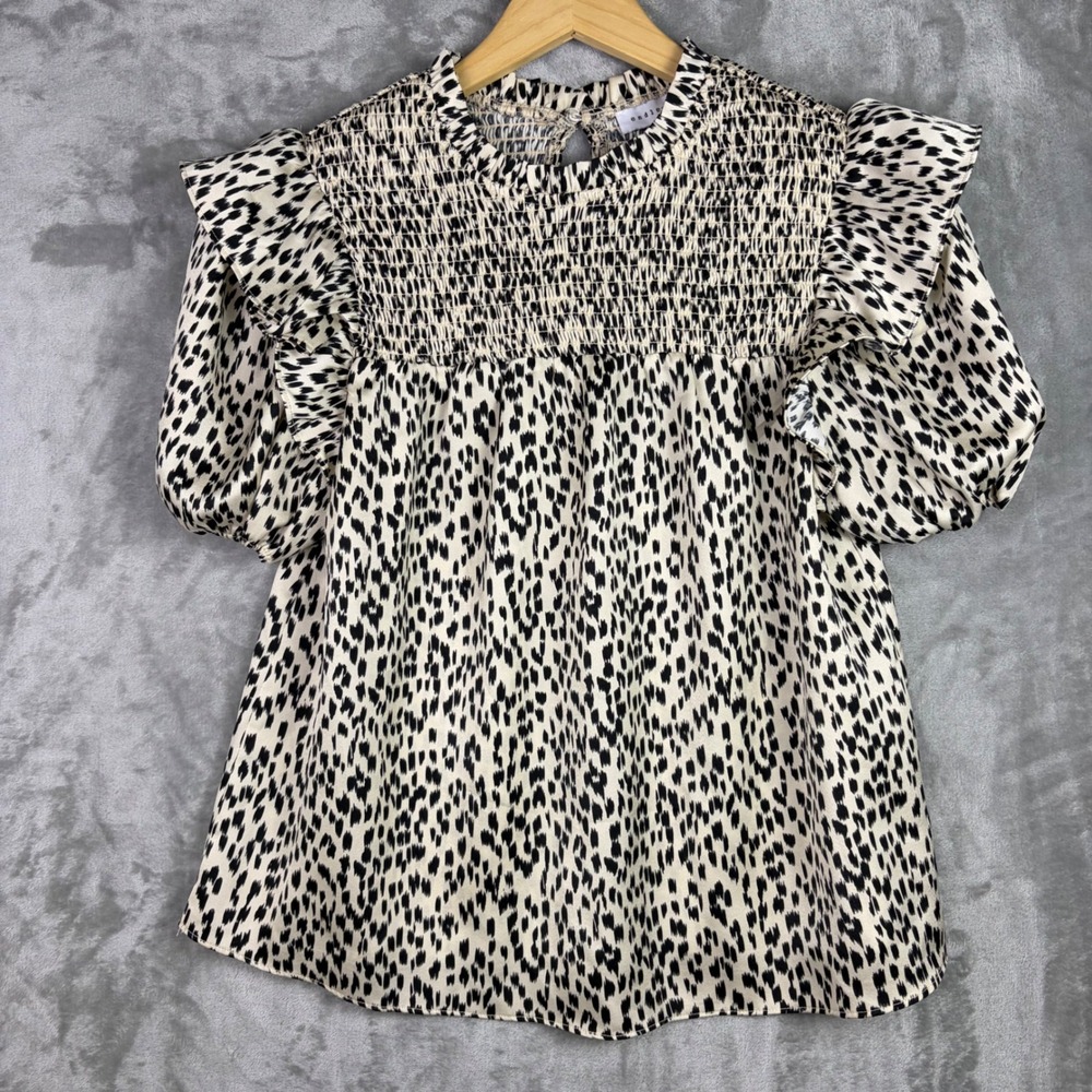 Endless Rose Smocked Top Small Ruffle Puff Sleeve Leopard Print Dainty Romantic‎